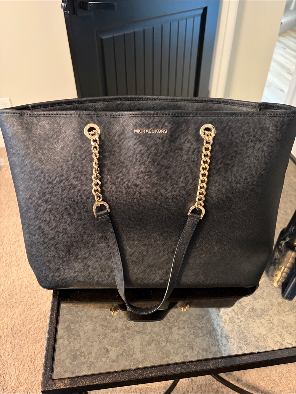 Michael Kors Black Saffiano Tote with Gold Chain Straps